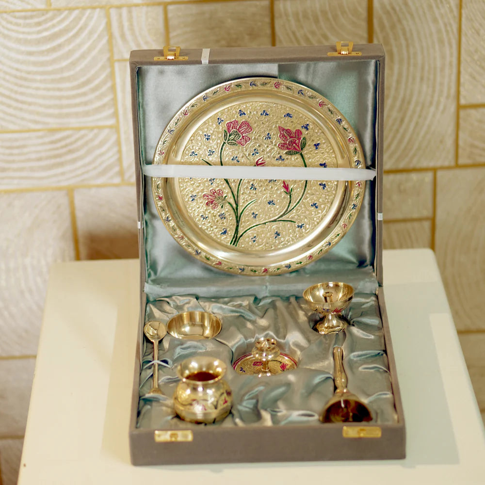 brass meenakari pooja thali set 7 pieces for housewarming/ diwali/ gift item